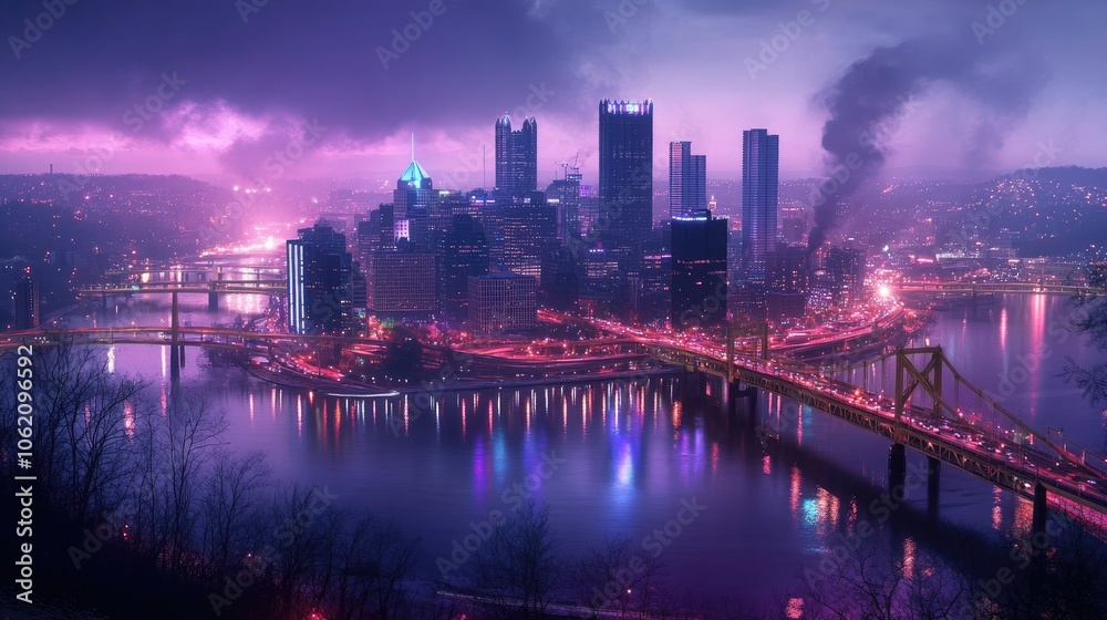 Poster modern city connected by wireless network, illuminated skyline with tech overlay