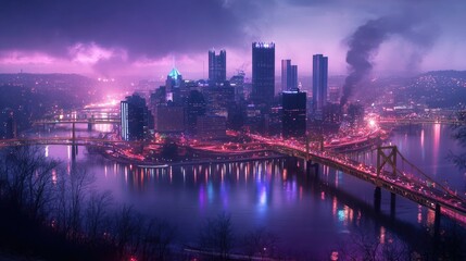 Modern city connected by wireless network, illuminated skyline with tech overlay