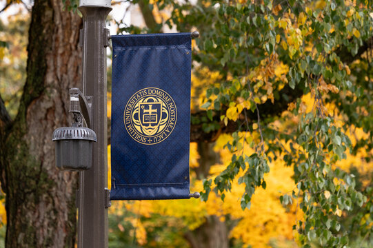 Notre Dame, IN, USA - October 25, 2024: The university seal of the University of Notre Dame, Sigillum Universitatis Dominae Nostrae a Lacu, which is Latin and was designed in 1931.
