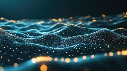 Plexus style wireframe waves on dark background, tech-inspired presentation template