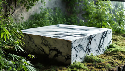 luxury marble empty display podium mock-up, cannabis podium surrounded weed leaves, cinematic lightning, ad, podium platform, product presentation space