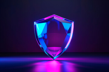 holographic blue and pink shield sign on black background