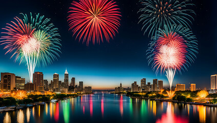 Fototapeta premium a vibrant cityscape photograph featuring a nighttime skyline with a series of large, colorful fireworks exploding in the sky. The fireworks display a range of colors,