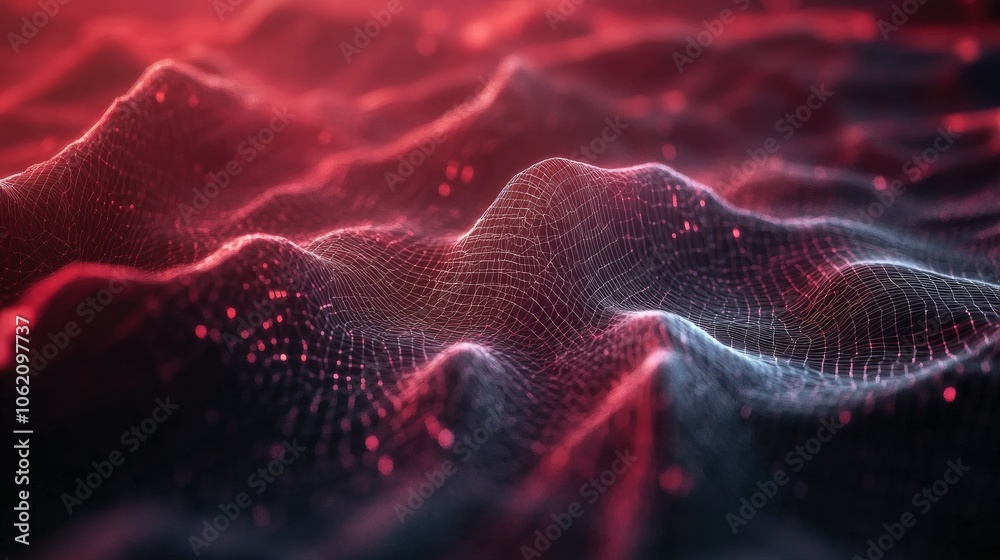 Aufkleber Technology presentation template with flowing wireframe waves, abstract plexus background