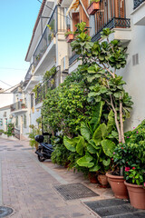 benalmadena old village architecture details during dusk hour, street view	