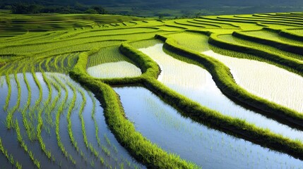 Naklejka premium Aerial View of Lush Paddy Fields with Reflections