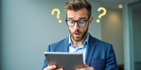 the surprised face of a businessman looking at a tablet in his hands, exclamation marks around