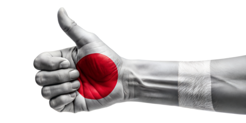 Thumbs-Up Hand Painted with Japanese flag, support or agree concept, isolated on a white background with a clipping path. 