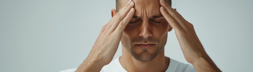 Obraz premium Closeup of a person massaging their temples, trying to ease dizziness and tension, Massaging temples for dizziness relief, Comforting and relatable