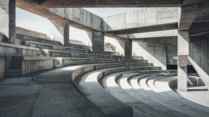 Brutalist Outdoor Amphitheater with Heavy Concrete Blocks and Tiered Seating