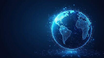 Abstract glowing blue earth globe with continents made of lines and points.