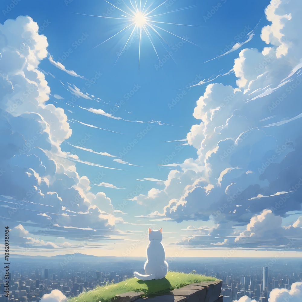 Aufkleber whimsical image of a white cat floating gracefully in the sky, perfect for dreamy and playful themes