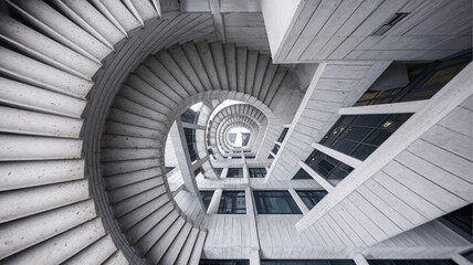 Fototapeta premium Brutalist Building with External Spiral Concrete Staircase in Soft Daylight