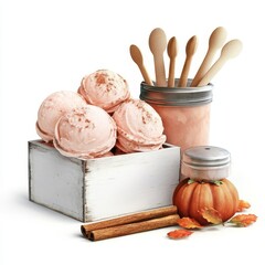Ice cream in rustic setting with cinnamon and fall decor, soft watercolor tones, 3D illustration