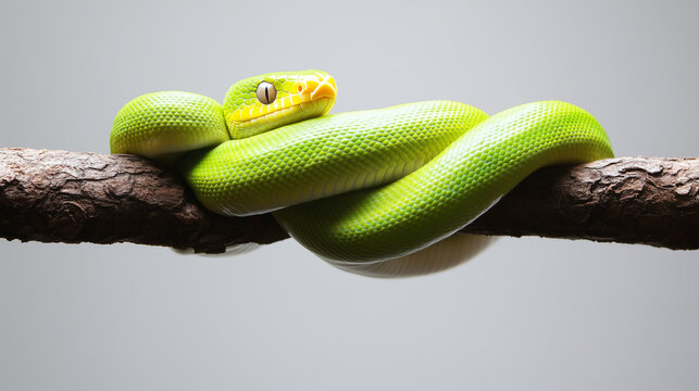 The green tree python is coiled comfortably around a wooden branch, showcasing its bright scales and relaxed posture in a well-lit environment.