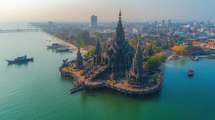 Obraz premium Aerial shot of Pattaya with Sanctuary of Truth by the shore, overlooking the vibrant city and sea