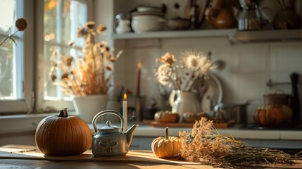 Obraz premium Autumn-themed Still-life in a Scandinavian kitchen with dried grass, pumpkins, teapot, and candles.