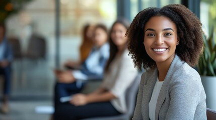 Obraz premium A Smiling Young Woman with Curly Hair, Sitting and Looking Directly at the Camera