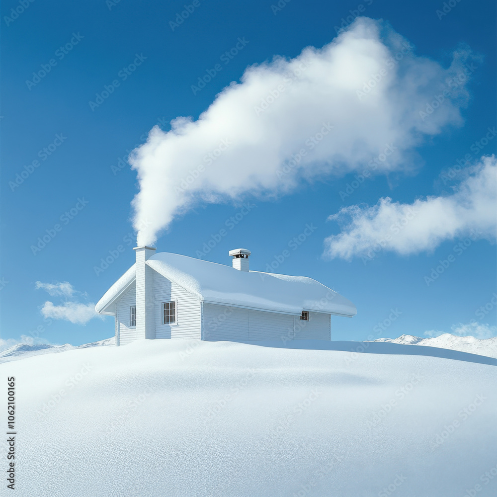 Wall mural snow covered mountain cabin with smoke rising from chimney under clear blue sky, creating serene winter scene