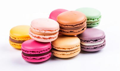 Colorful macarons stacked artistically on a white background for dessert lovers