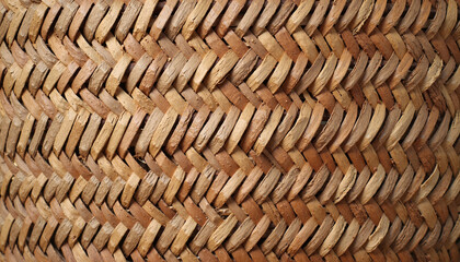 Natural texture of light brown wicker basket with herringbone pattern for an earthy and stable background, capturing rustic simplicity and organic style