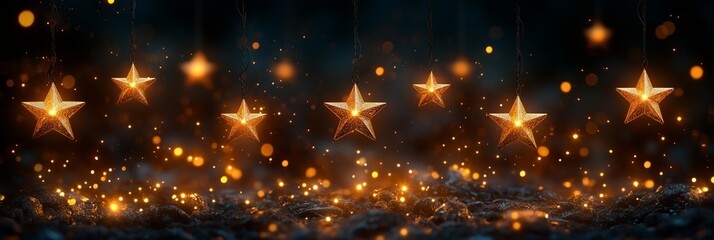 Naklejka premium Golden star shaped christmas lights shining over dark background