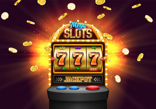 Slot machine with lucky sevens and falling golden coins. Jackpot on slot machine. Vector illustration.