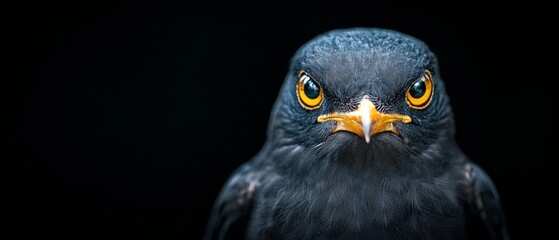 Fototapeta premium A tight shot of a black bird with a vivid yellow eye against a dark backdrop