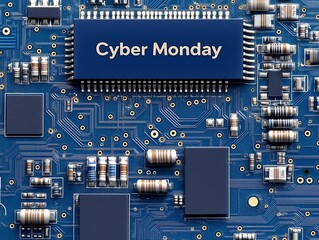 blue computer board, Cyber Monday banner design for advertising, web, social media, for computer store, with place for text