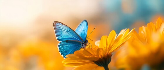  A blue butterfly on a yellow sunflower in a sunflower field with a soft, blurred sky behind it