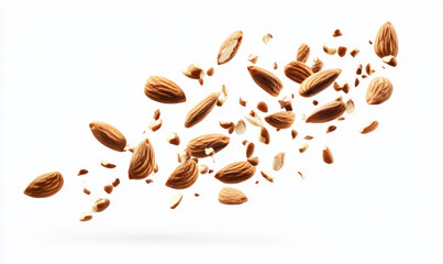 Obraz premium Airborne almonds display their natural texture on a white backdrop