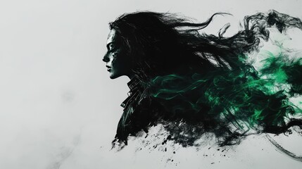 Obraz premium Ashtray shown in black and white ink spread heavily with green jump against white stark background. Smoke forms the shape of a long haired woman. Full back tattoo with multicolored ink.