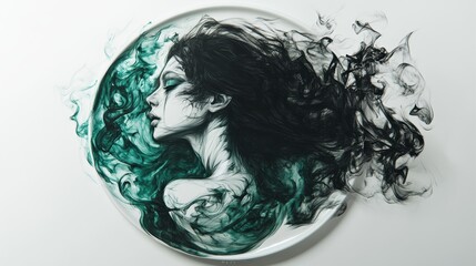 Fototapeta premium Ashtray shown in black and white ink spread heavily with green jump against white stark background. Smoke forms the shape of a long haired woman. Full back tattoo with multicolored ink.