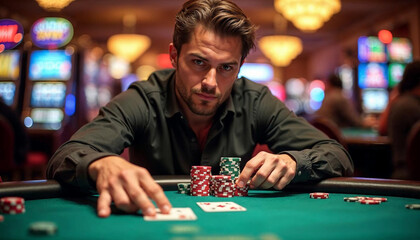 Focused player at a vibrant poker table, embodying confidence and excitement in a casino scene.

