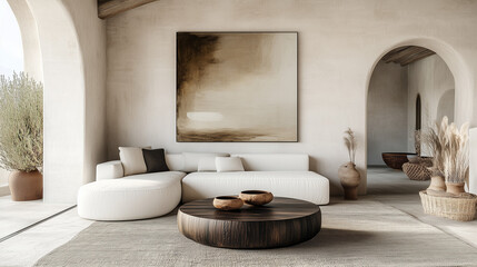 Modern Bohemian Living Room With White Sofa Black Coffee Table And Large Abstract Art