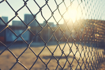 Fototapeta premium Close-up of sunlight through a chain-link fence in the city