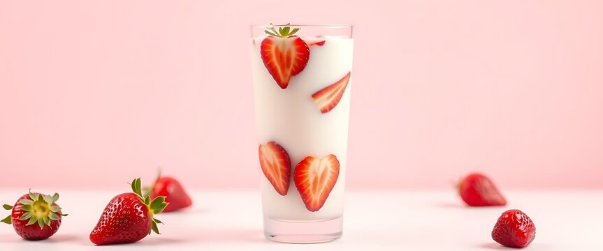 A fresh strawberry milk wallpaper in a tall glass with slices of strawberries floating, set against a pastel pink background.