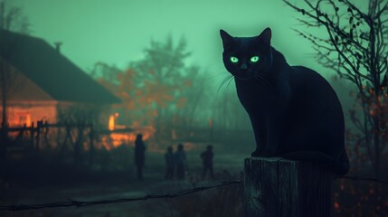 Ethereal Black Cat with Glowing Green Eyes Against Shadowy Fog-Embraced Cottage at Twilight, Enigmatic and Mystical Atmosphere, Perfect for Spooky Digital Art Wallpaper


