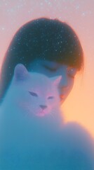 Fototapeta premium Dreamy Neon Portrait of Woman with Cat in Soft Atmospheric Glow, Ethereal Vaporwave Aesthetic Digital Art Wallpaper