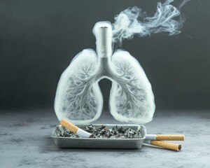 Cautionary Closeup Translucent White Lungs with Cigarette Smoke - Anti-Smoking Concept on Gray Background
