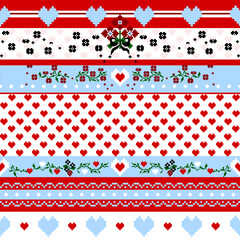 Traditional Pixel Art Floral Pattern with Hearts, Cross-Stitch Style