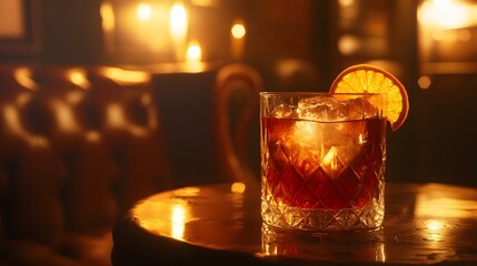 Obraz premium Classic Cocktail in a Crystal Glass with Orange Garnish, Warm and Cozy Bar Ambience, Ideal for an Elegant Night In