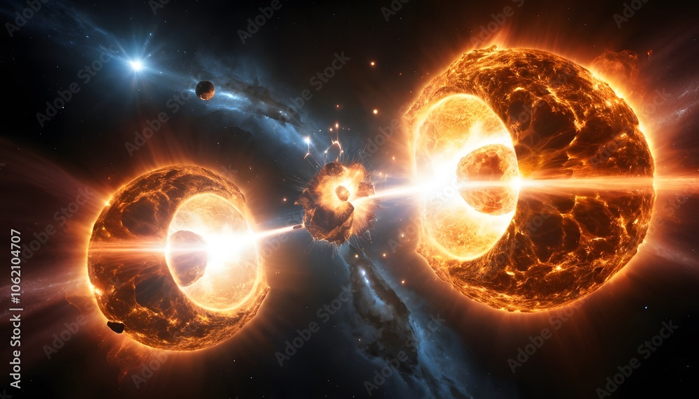 Aufkleber A Dramatic Collision of Two Large Glowing Objects Creating Explosive Light Bursts for Artistic and Creative Visuals