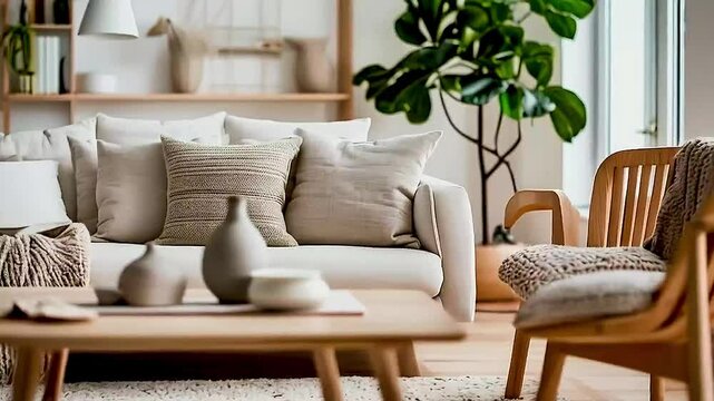 iving room with  a white couch ,  a wooden coffee table , and  a chair
