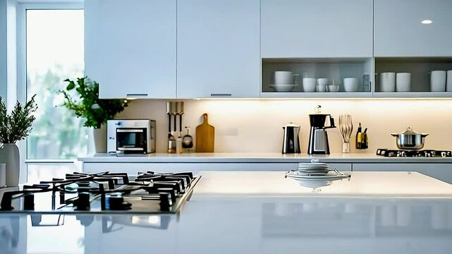 modern kitchen with  white cabinets ,  a white countertop , and  a glass backsplash 