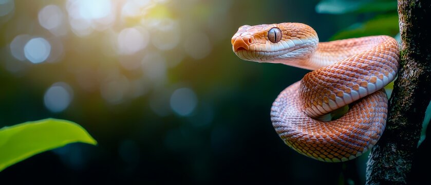  A tight shot of a snake coiled on a tree branch against a hazy backdrop of foliage and trees