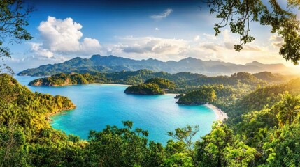 Fototapeta premium Serene Coastal Landscape with Lush Greenery and Mountains