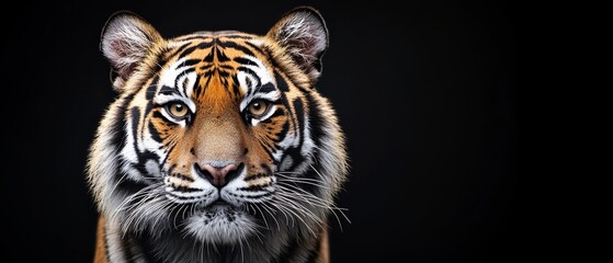  A tight shot of a tiger's intense face against a black backdrop, gazing directly into the camera