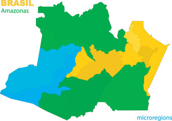 Obraz premium Map of the territory of the state of Amazonas with divisions by highlighted microregions, vector with simple lines of political divisions