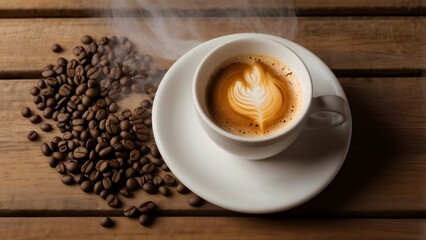A steaming cup of aromatic coffee with a rich, thick yellowish coffee foam on top. The coffee is served in a smooth white porcelain cup resting on a rustic wooden table.